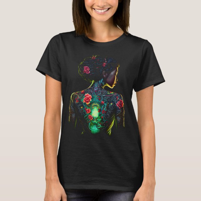 T-shirt Beautiful Black Woman Geisha Tattoos Flowers Melan (Devant)