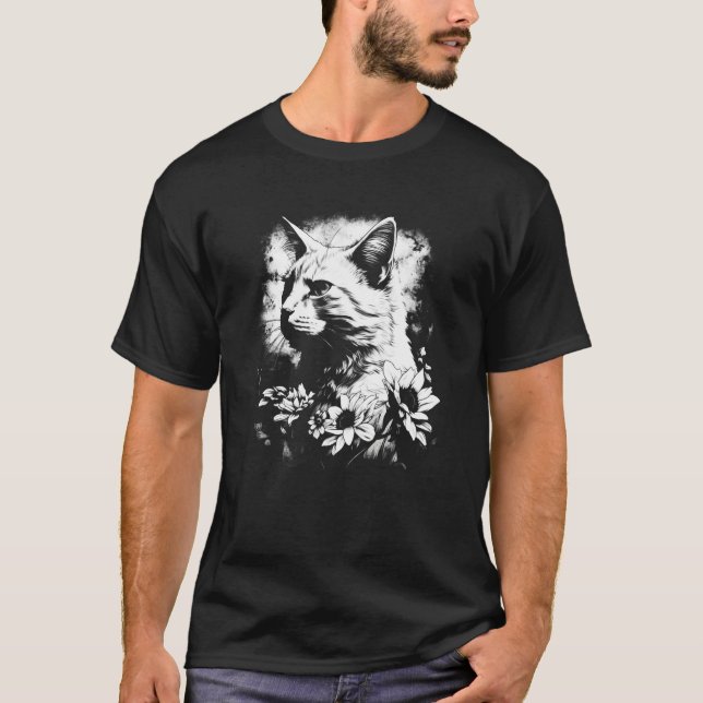 T-shirt beautiful cat and sunflower silhouette portrait  w (Devant)