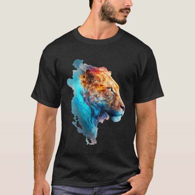 T-shirt Beautiful colourful lion in blue smoke (Devant)
