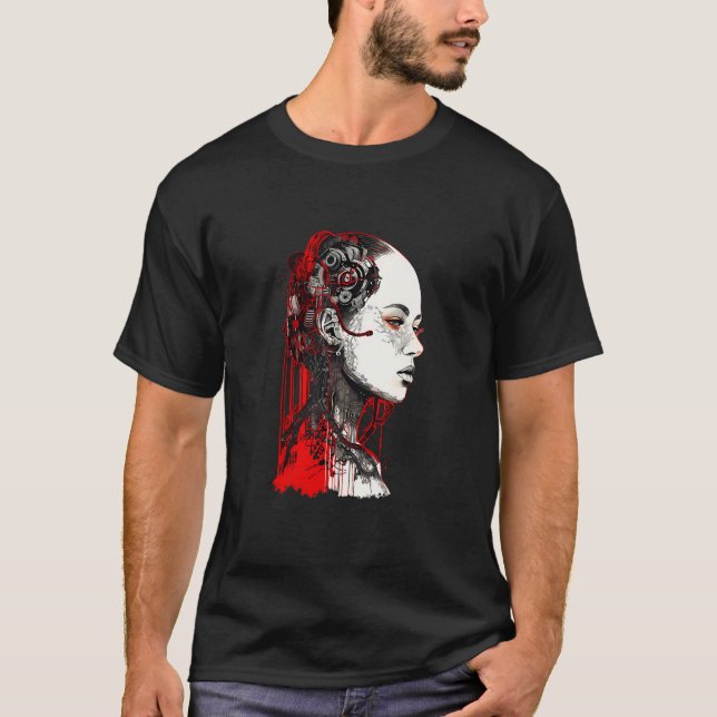 T-shirt Beautiful Cyborg Gothic Woman Trash Polka Art (Devant)