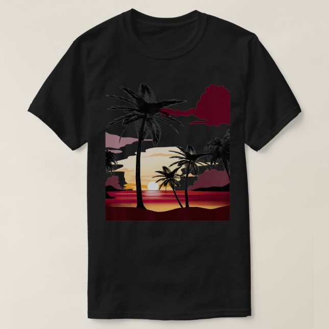 T-shirt Beautiful Deep Red Sunset with Silhouetted Palm Tr (Design devant)