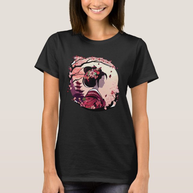 T-shirt Beautiful geisha lady cherry blossom flowers pagod (Devant)