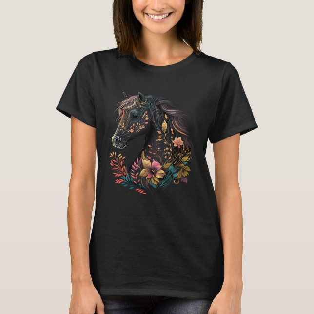 T-shirt Beautiful Horse with Flowers and Plants Equestrian (Devant)