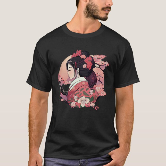T-shirt Beautiful Japanese Geisha lady with blossom flower (Devant)