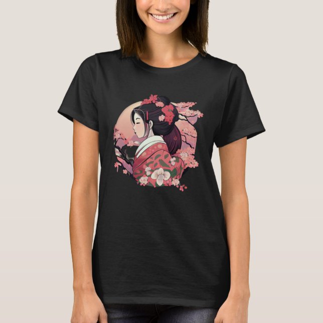 T-shirt Beautiful Japanese Geisha lady with blossom flower (Devant)