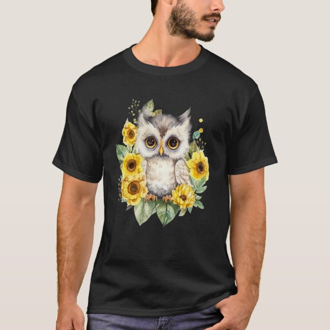 T-shirt Beautiful Owl On Tree Sunflower (Devant)