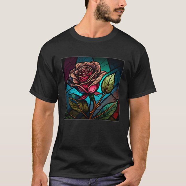 T-shirt Beautiful Roses Illustration Stained Glass Realist (Devant)
