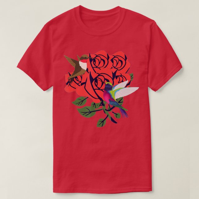 T-shirt Beaux colibris aux fleurs de roses rouges (Design devant)