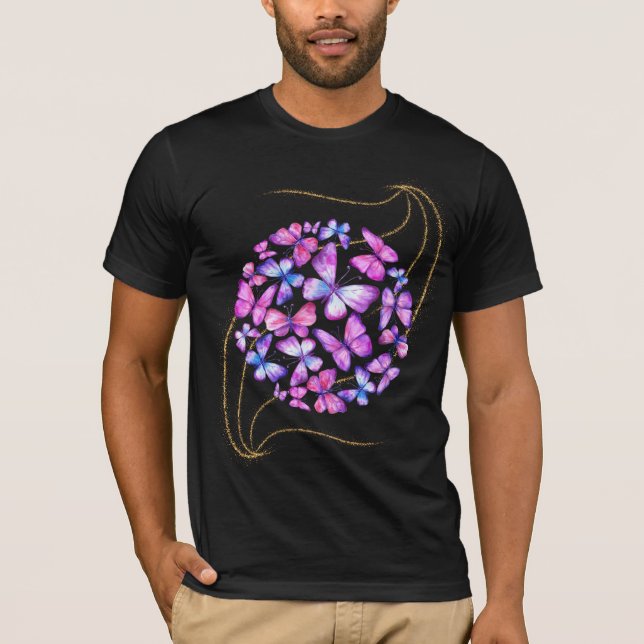 T-shirt Beaux Papillons Aquarelle avec Bling Or (Devant)