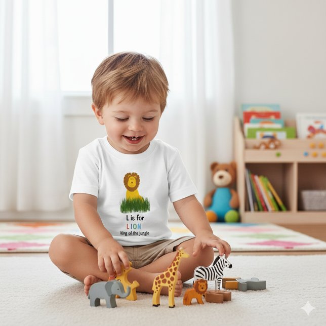 T-Shirt bébé alphabet de style cartoon L est pour  (Baby boys' "L is for Lion" t-shirt, perfect for little ones who adore jungle animals. )