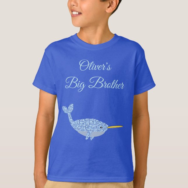 T-shirt Bébé bleu mignon Garçon Narwhal Personnalisé Big B (Devant)
