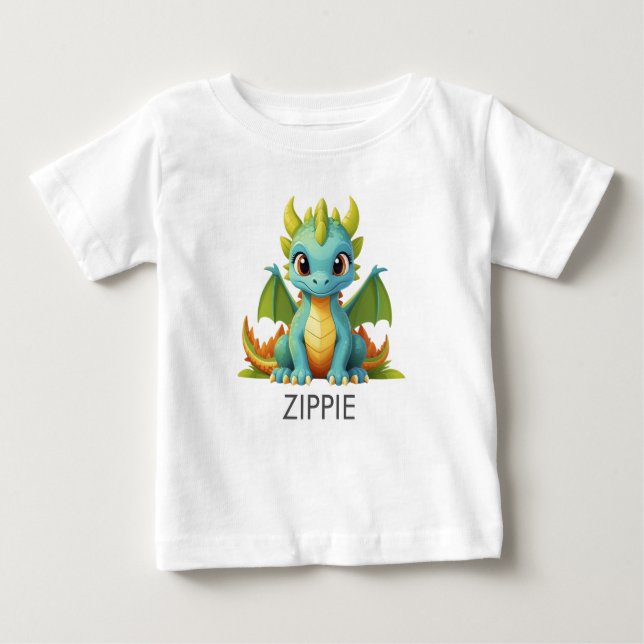T-shirt Bébé Bleu Vert Dragon Personnalisé (Devant)
