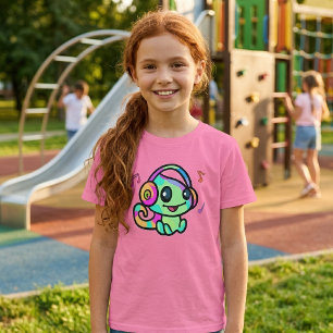 T-shirt Bébé Caméléon Kawaii Souriant Mignon Avec Casque A