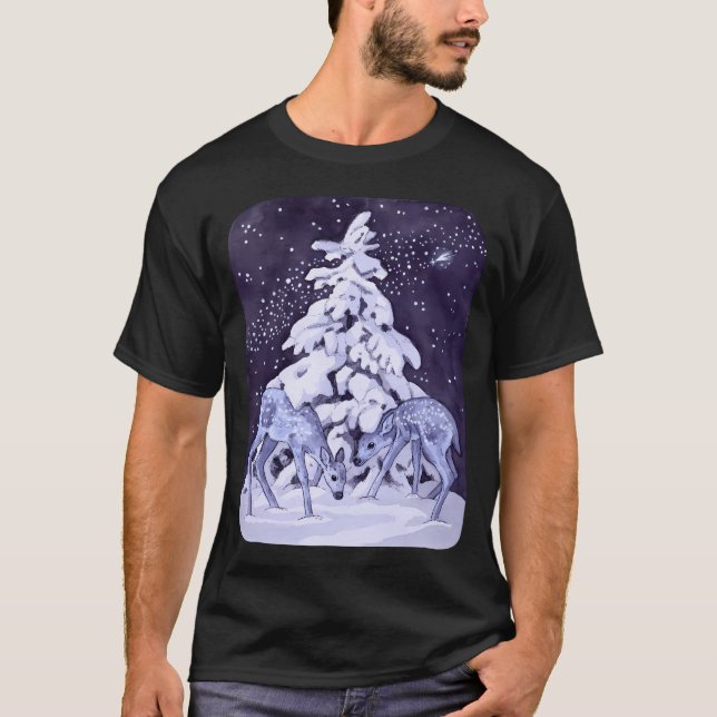 T-shirt Bébé Cerf Sous Une Pinède Couverte De Neige Illust (Devant)