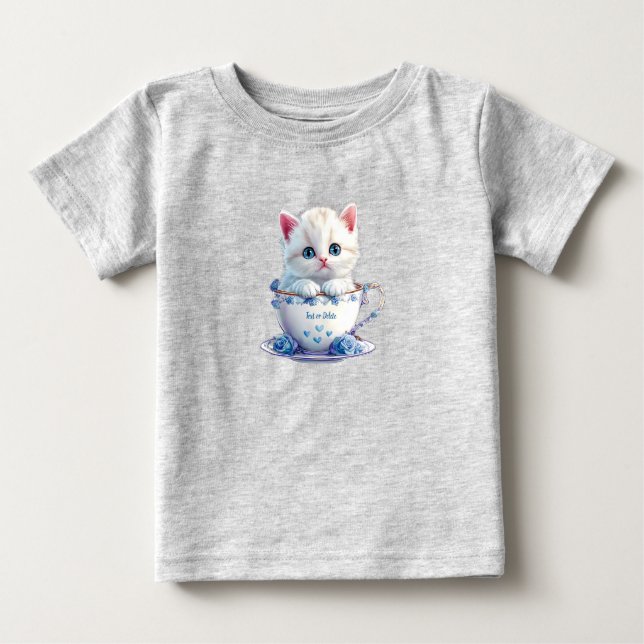 T-shirt bébé chaton dans une tasse fleurs bleues (Devant)