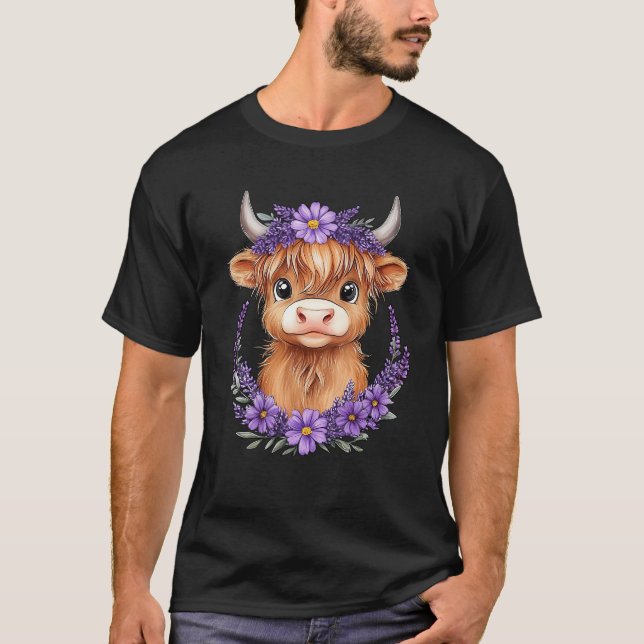 T-shirt Bébé de vache écossaise Highland avec fleurs viole (Devant)