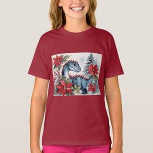 T-shirt Bébé dinosaure de Noël adorable & poinsettias