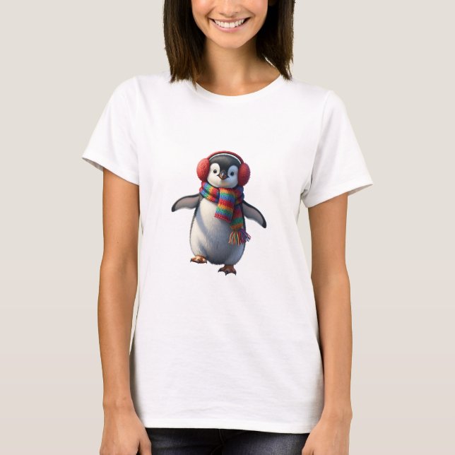 T-shirt Bébé manchot mignon avec écharpe arc-en-ciel et ca (Devant)