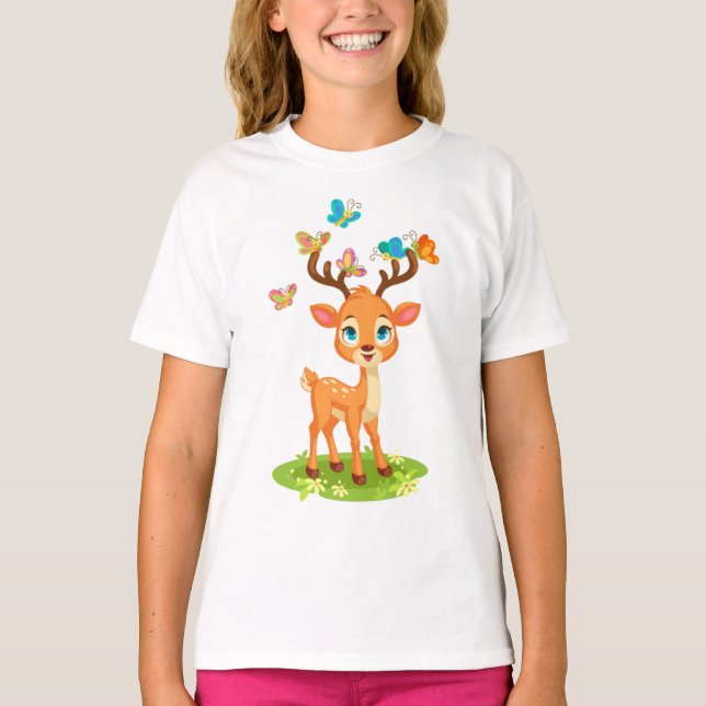 T-shirt Bébé mignon cerf jouant avec des papillons-23475 (Devant)