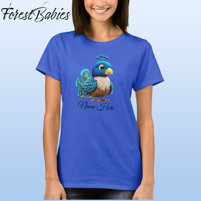 T-shirt Bébé mignon Peacock Bird Whimsical Cartoon Graphiq (Peacock, Deep Royal Blue Customizable ForestBabies Women's Basic T-shirt - Front)