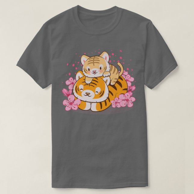 T-shirt Bébé mignon tigre et maman rose Sakura Kawaii (Design devant)