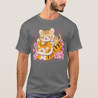 T-shirt Bébé mignon tigre et maman rose Sakura Kawaii