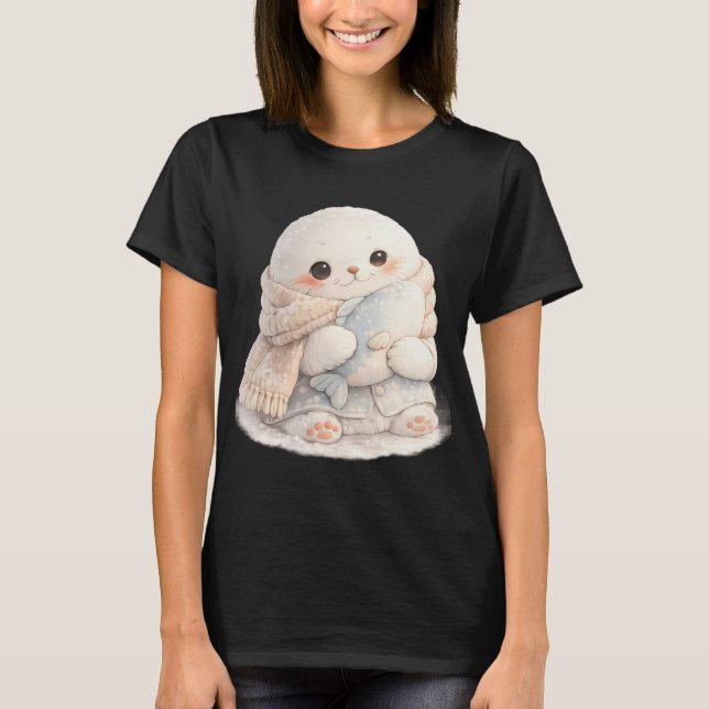 T-shirt Bébé phoque mignon portant une écharpe et serrant  (Devant)