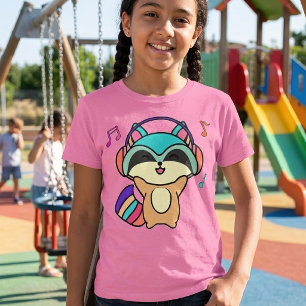 T-shirt Bébé Raton Laveur Mignon Sourire Kawaii avec Casqu