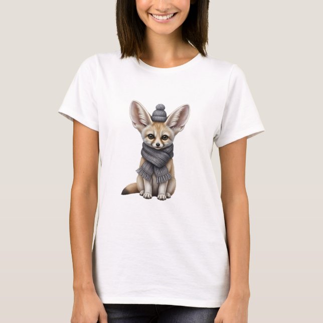 T-shirt Bébé renard fennec mignon en écharpe et bonnet d'h (Devant)
