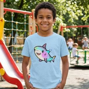T-shirt Bébé Requin Kawaii Adorable avec Pastels Arc-en-Ci