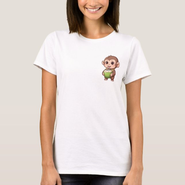 T-shirt Bébé singe mignon buvant de l'eau de coco fraîche (Devant)