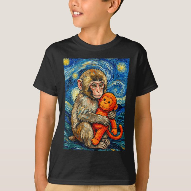 T-shirt Bébé singe mignon coup de poing mème nuit étoilée  (Devant)