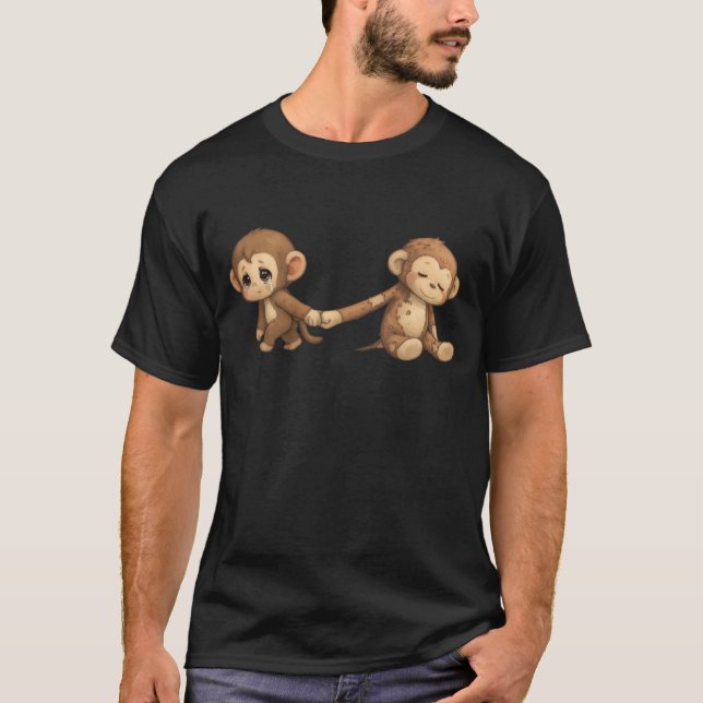 T-shirt Bébé singe triste avec une poupée de maman usée   (Devant)
