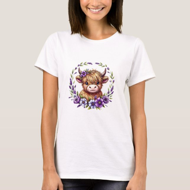 T-shirt Bébé Vache Highland Avec Fleurs Violettes Ecosse F (Devant)