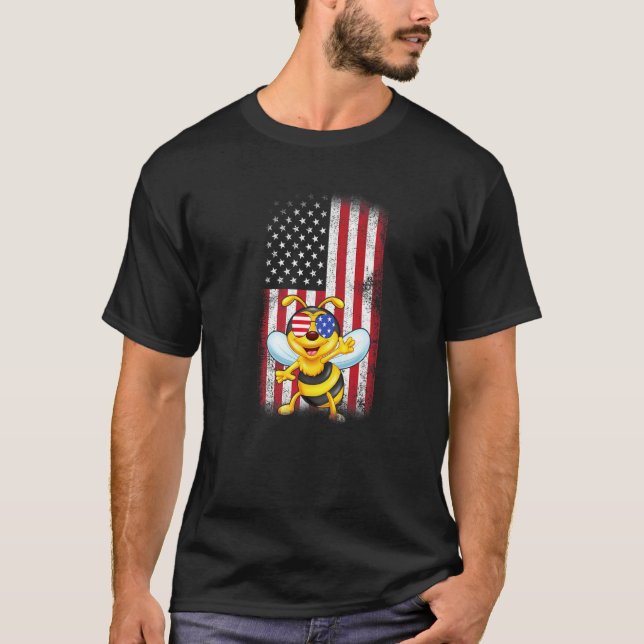 T-shirt Bee American Flag Boys Girls Hommes Femmes Quatriè (Devant)