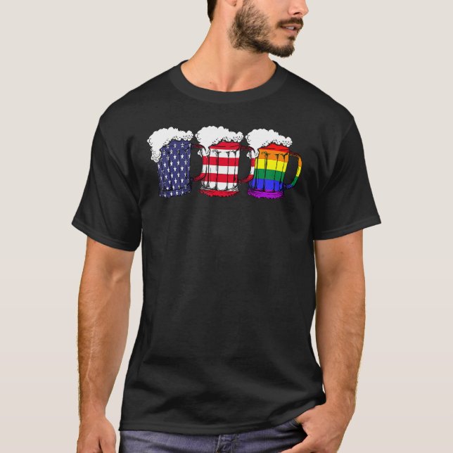T-shirt Beer American Flag Drinking Gay Pride Lesbian LGBT (Devant)