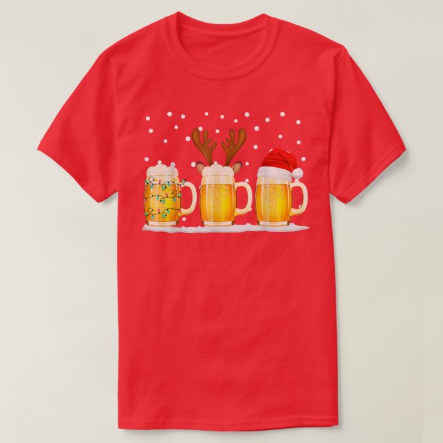 T-shirt Beer Christmas Mug Santa Reinbeer Xmas Tree Lights (Design devant)