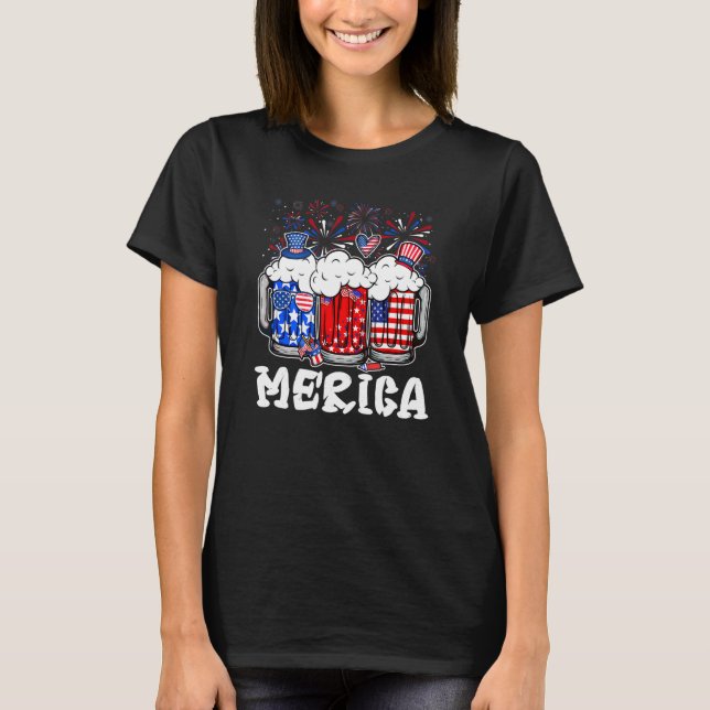 T-shirt Beer Merica Fireworks Drapeau américain bière Boir (Devant)