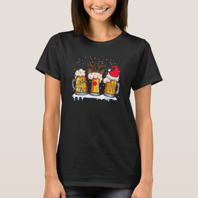 T-shirt Beer Mug Christmas Tree Lights Reindeer Xmas Santa (Devant)