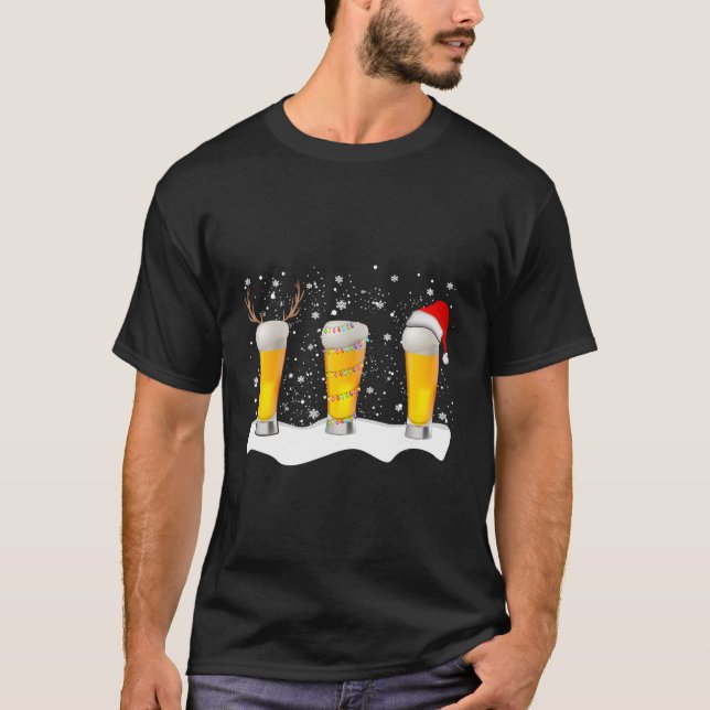 T-shirt Beer Mug Père Noël Reindeer Noël Lumières Cadeaux  (Devant)