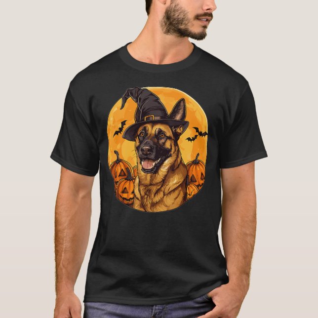 T-shirt Belgian Malinois Dog Whitch Hat Halloween Pumpkin  (Devant)