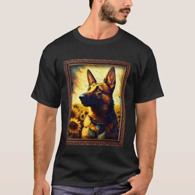 T-shirt Belgian Malinois Shepherd Painting Sunflower Flowe (Devant)