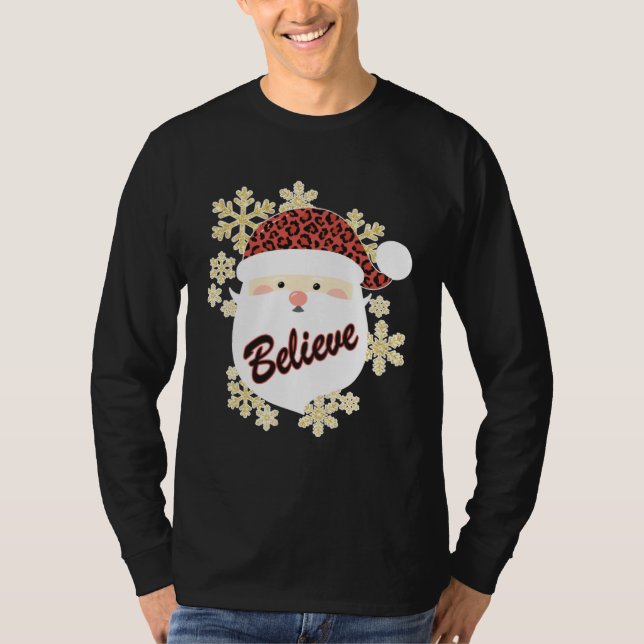 T-shirt Believe Christmas Santa Hat Leopard Snowflake Grap (Devant)