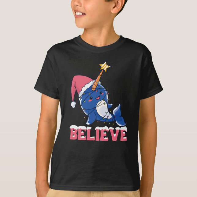 T-shirt Believe Narwhal Christmas Snow Fairy Lights (Devant)