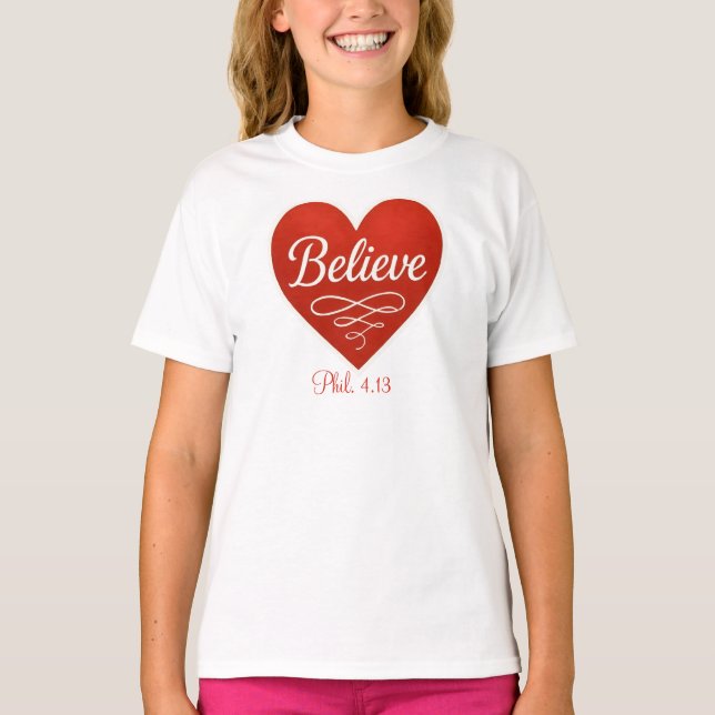T-shirt Believe red and white heart (Devant)