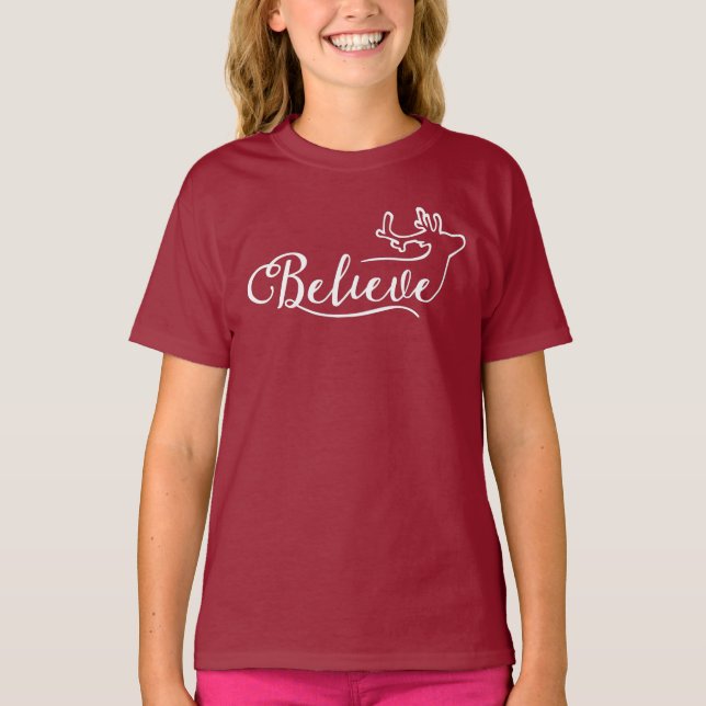 T-shirt Believe Reindeer Script Shirt – Minimal Christmas  (Devant)