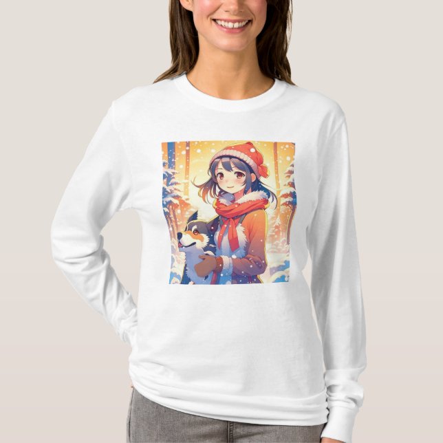 T-shirt Belle Anime Girl avec Husky Dog Noël (Devant)