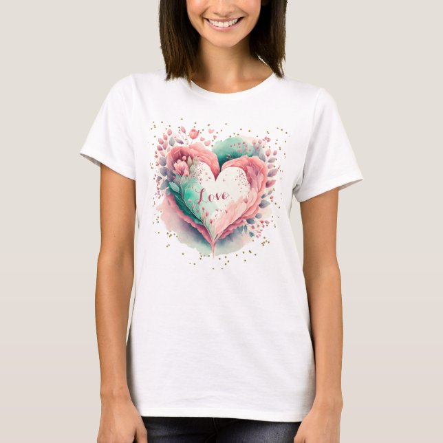 T-shirt Belle aquarelle rose et vert coeur floral (Devant)