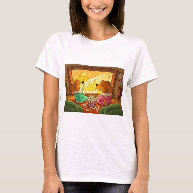 T-shirt Belle caricature chiens pop-corn et film (Devant)