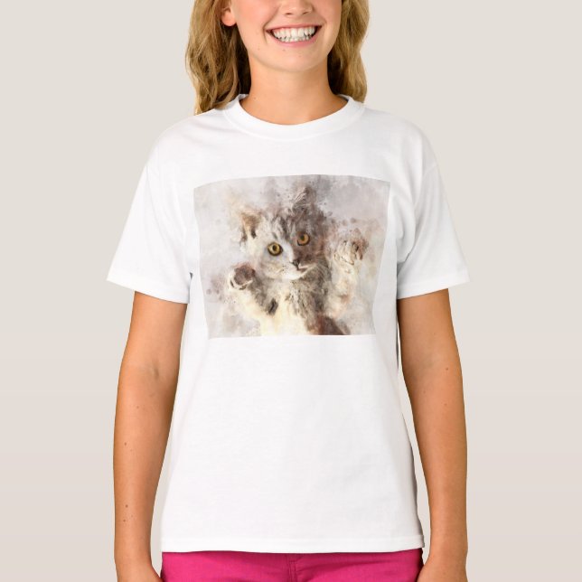 T-shirt Belle et mignonne chatte joueuse aquarelle (Devant)